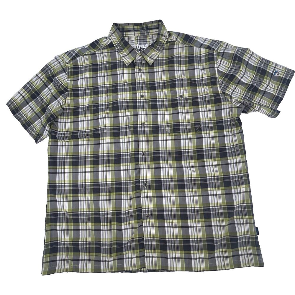 Kuhl IONIK Shirt Men XXL Short Sleeve Button Up Plaid Green Gray Hiking Outdoors